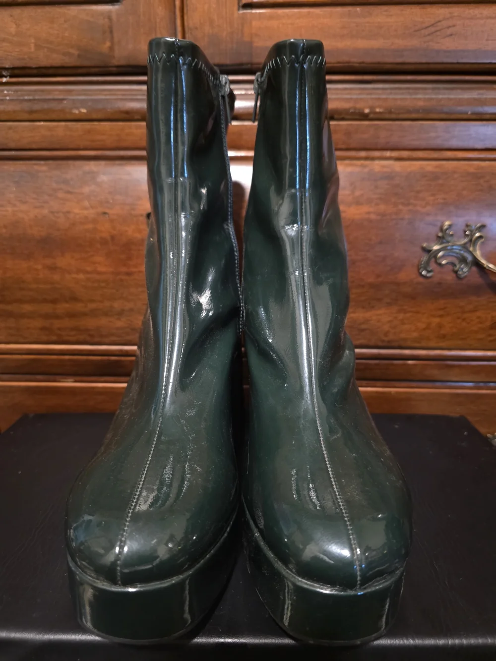 Dark Green Patent Platform Ankle Boots - Women's